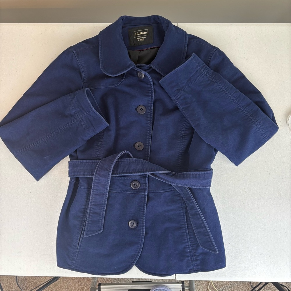 LL Bean Coat Women Large Navy Blue Cotton Button Up Belted Lined Collared Jacket